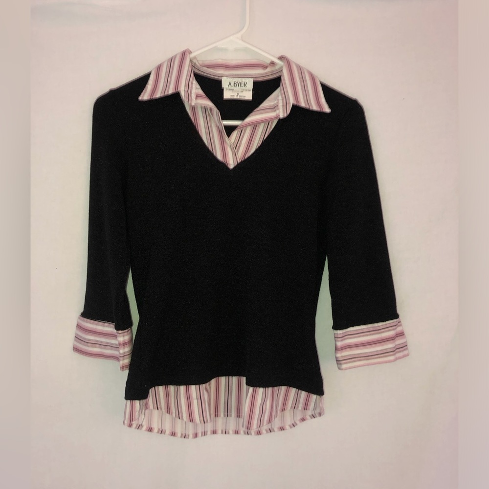 A. Byer Striped Collared Top Black/Pink Sz M
